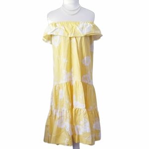 Hawaiian Dress Nani Honolulu Yellow White Floral Print Tiered Ruffled Hem